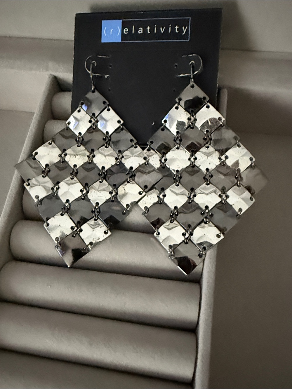 Relativity Silver tone Geometric Drop Chainmail Earrings